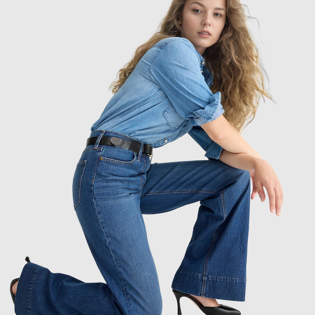 Pantaloni in denim a gamba larga e alta