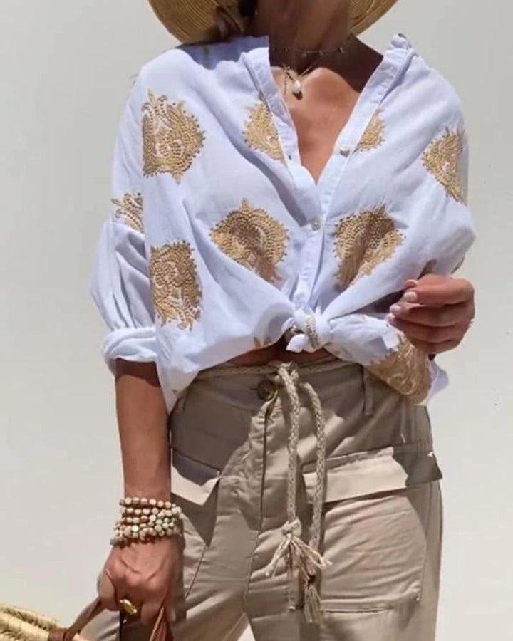 SALMA - Camicia casual in cotone e lino ricamata