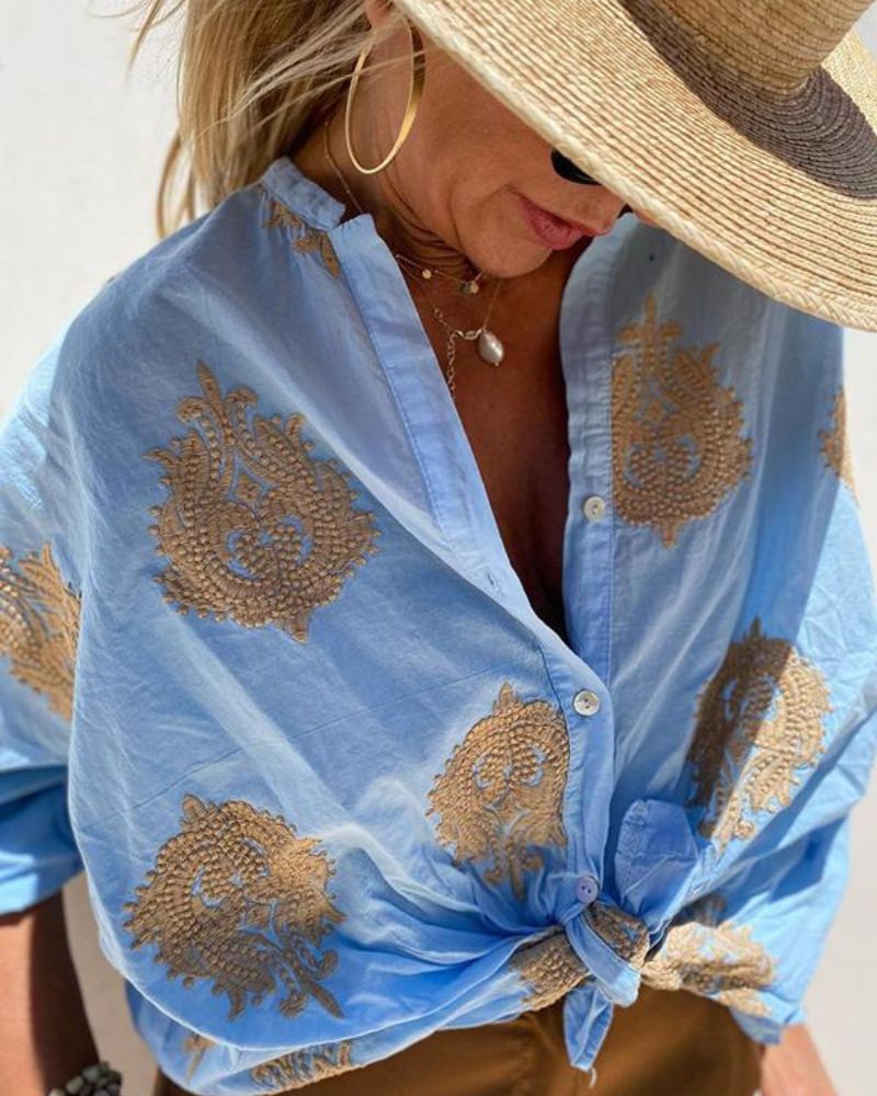 SALMA - Camicia casual in cotone e lino ricamata