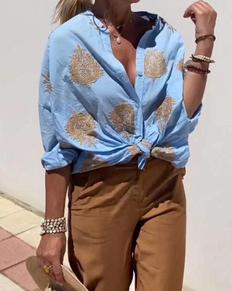 SALMA - Camicia casual in cotone e lino ricamata