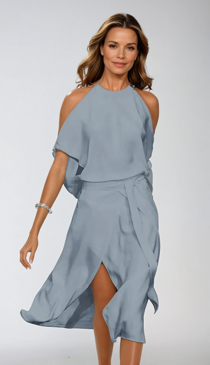 Celestine – Vestito Midi Spalle Scoperte con Orlo Asimmetrico