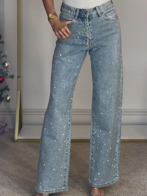 Jeans a Gamba Dritta a Vita Alta con Diamanti