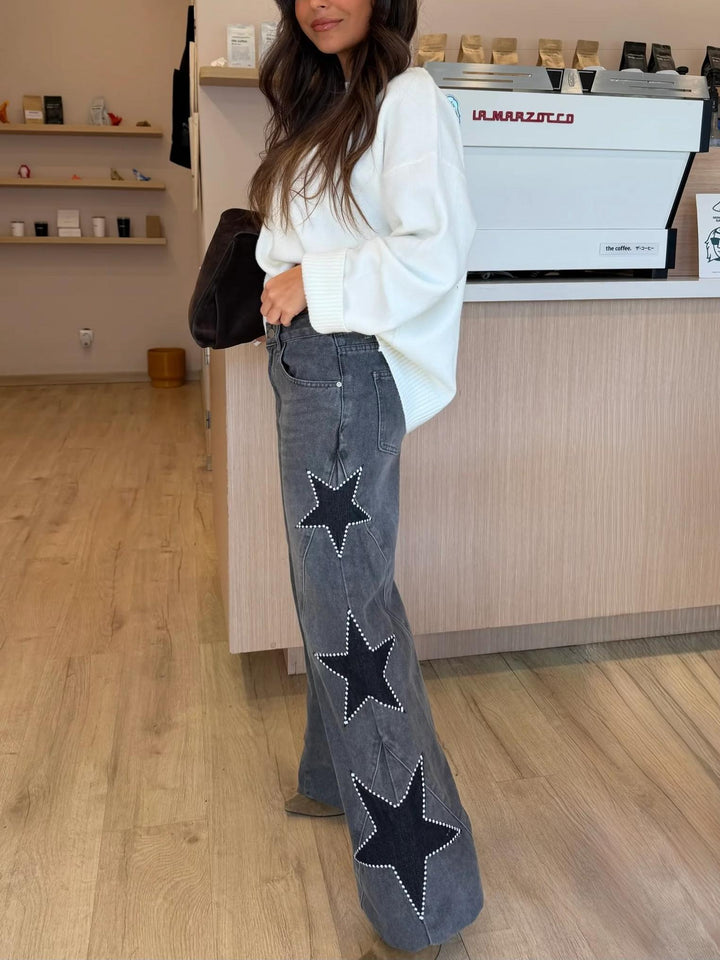 Jeans Dritti Stile Casual con Stelle