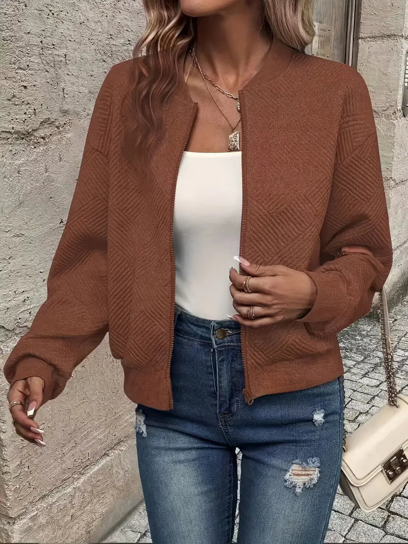 Cardigan Testurizzato con Zip per Donna e Maniche Lunghe con Orlo a Coste