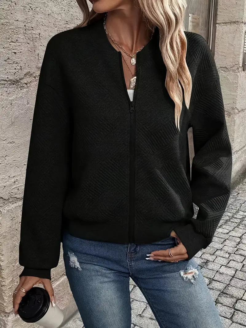 Cardigan Testurizzato con Zip per Donna e Maniche Lunghe con Orlo a Coste
