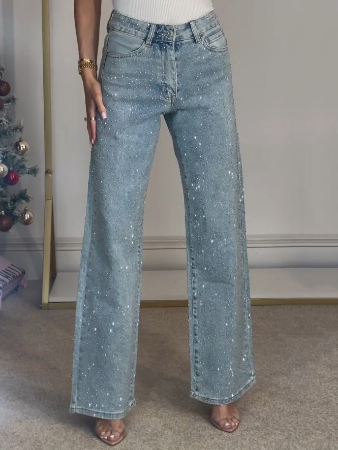 Jeans a Gamba Dritta a Vita Alta con Diamanti