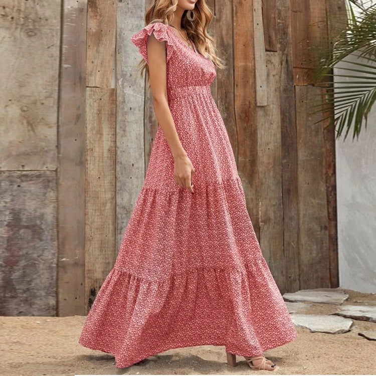 Abito Bohemien con Scollo a V e Stampa Floreale a Maniche Corte | Ideale per l'Estate