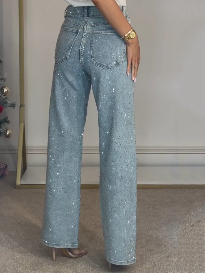 Jeans a Gamba Dritta a Vita Alta con Diamanti