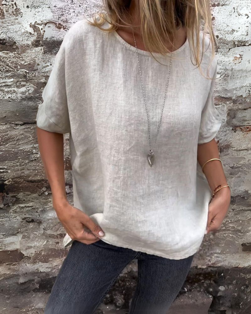 Dahlia - T-Shirt Casual in Cotone e Lino con Collo Rotondo