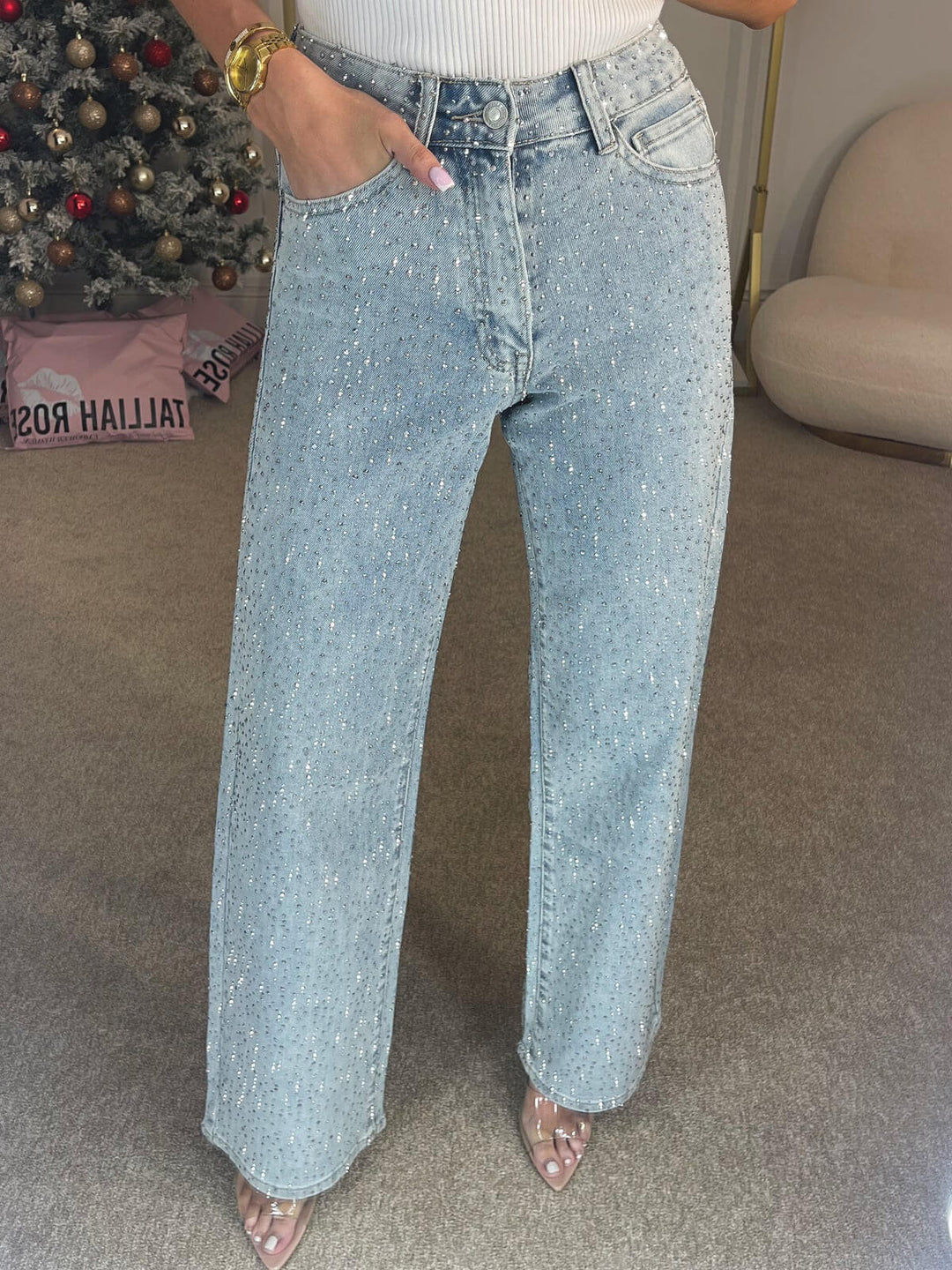 Jeans a Gamba Dritta a Vita Alta con Diamanti