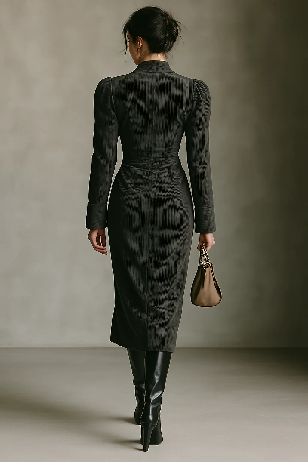 Valeria - Abito maxi in velluto a coste nero con scollo a V e vita marcata