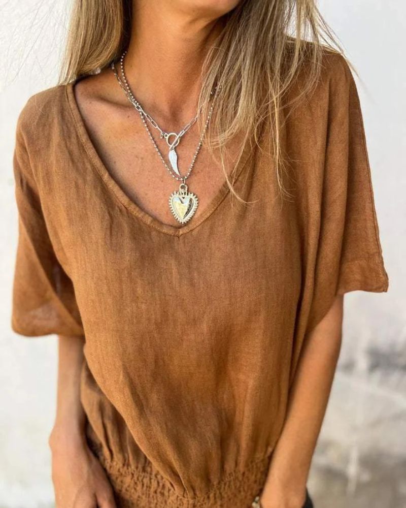 BOMIA - T-shirt Comoda con Vita e Scollatura a V