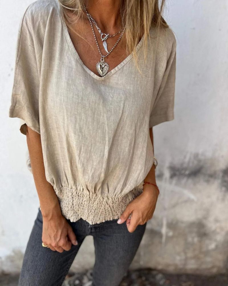 BOMIA - T-shirt Comoda con Vita e Scollatura a V