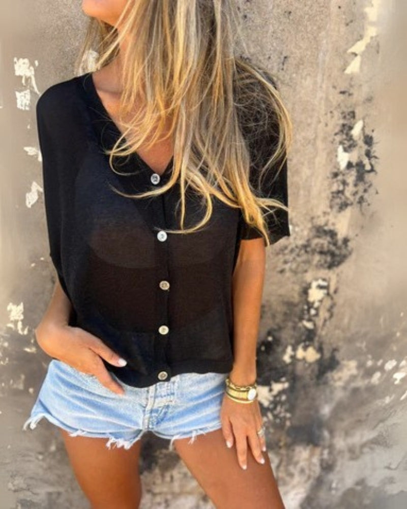 Hadley - Camicia Casual Relaxed con Collo a V e Maniche Corte