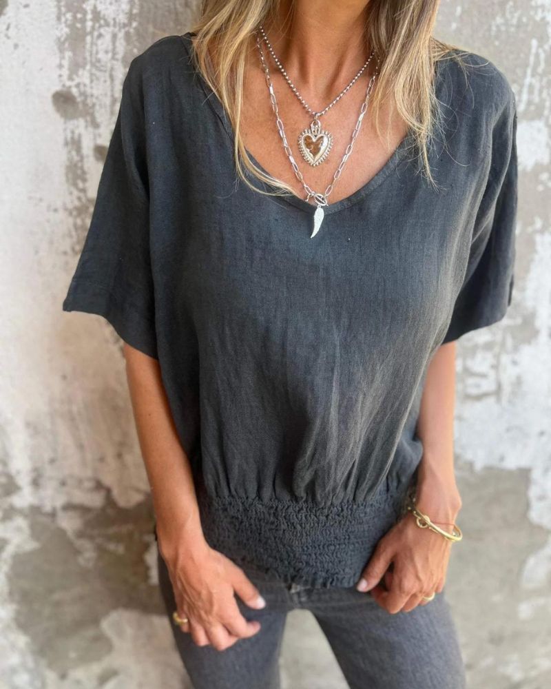 BOMIA - T-shirt Comoda con Vita e Scollatura a V