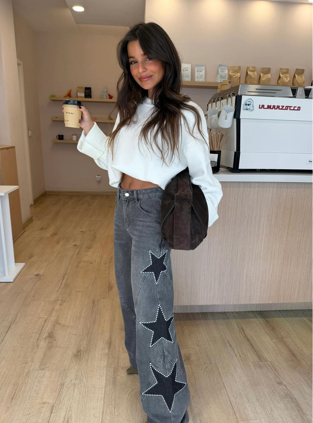 Jeans Dritti Stile Casual con Stelle