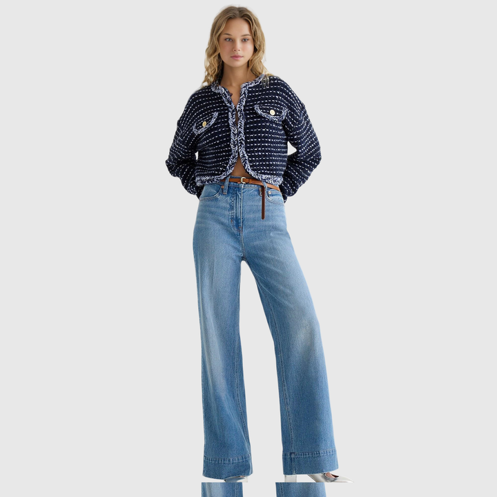 Pantaloni in denim a gamba larga e alta