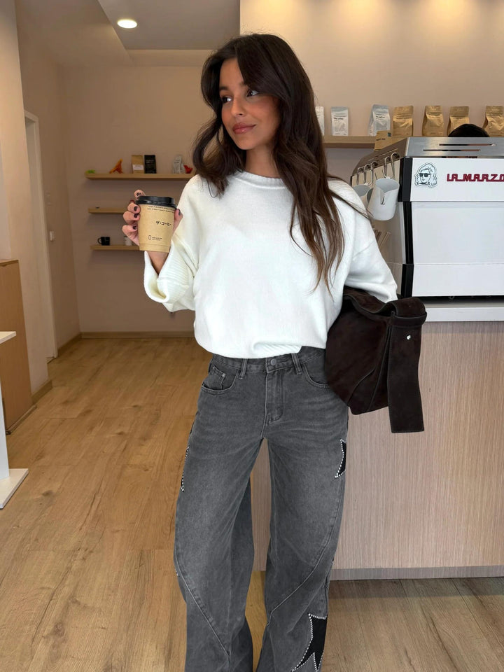 Jeans Dritti Stile Casual con Stelle