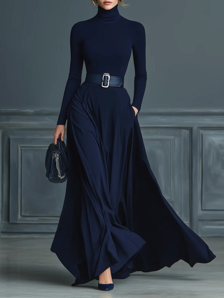 Eleonora - Abito a maglia blu scuro con collo alto
