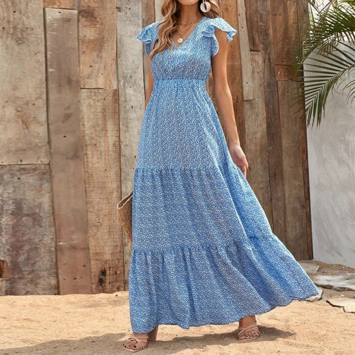Abito Bohemien con Scollo a V e Stampa Floreale a Maniche Corte | Ideale per l'Estate
