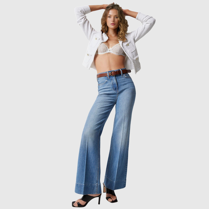 Pantaloni in denim a gamba larga e alta