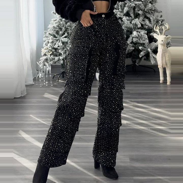 Pantaloni a Gamba Larga con Strass Eleganti