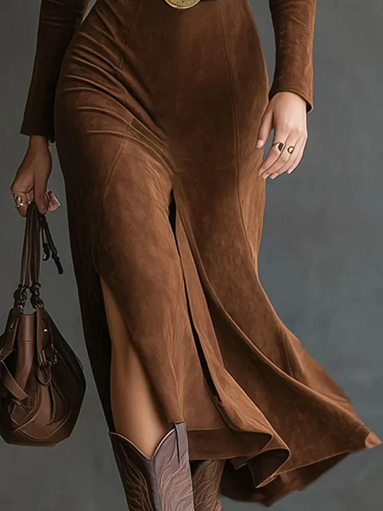 Abito Midi Rétro Western in Suede con Cintura