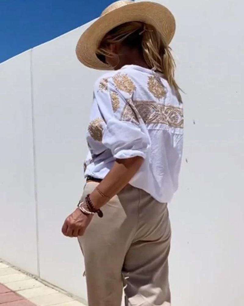 SALMA - Camicia casual in cotone e lino ricamata