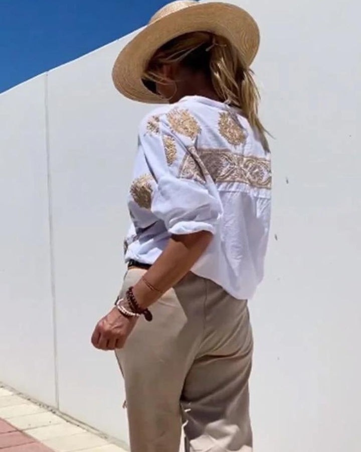 SALMA - Camicia casual in cotone e lino ricamata
