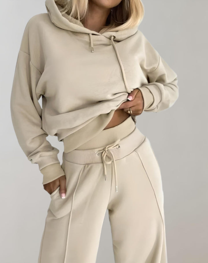 Completo da Donna in 2 Pezzi – Felpa Corto con Cappuccio & Pantaloni a Gamba Larga