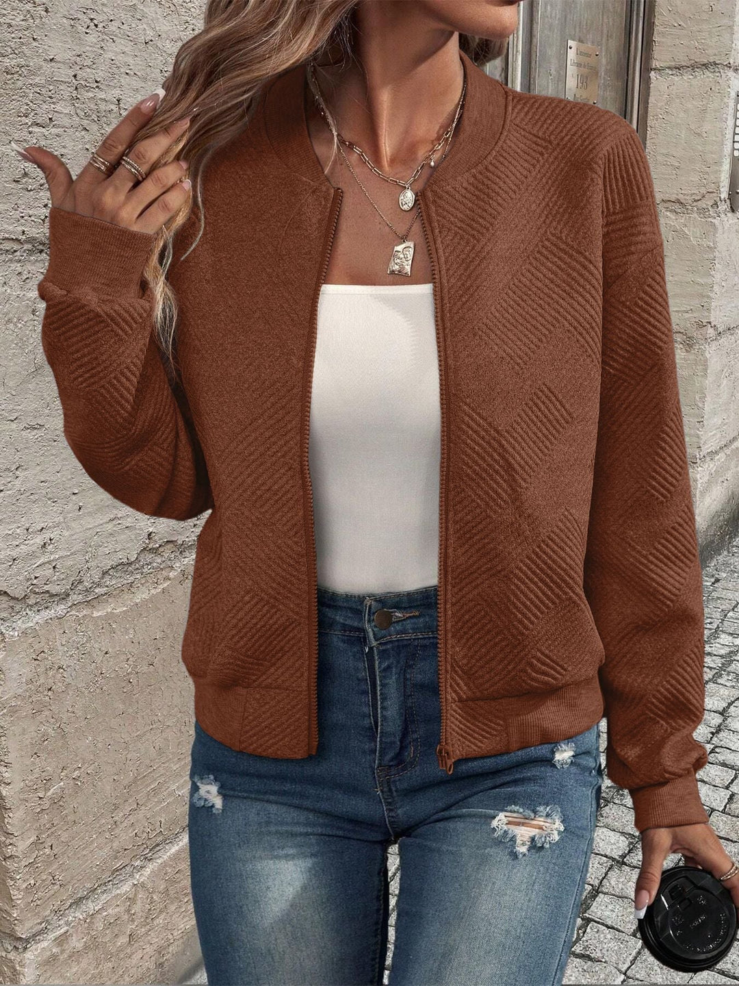 Cardigan Testurizzato con Zip per Donna e Maniche Lunghe con Orlo a Coste