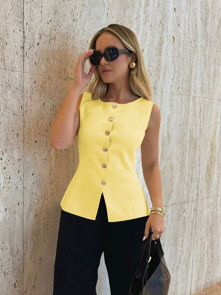 Grier – Top Peplum Senza Maniche con Bottoni
