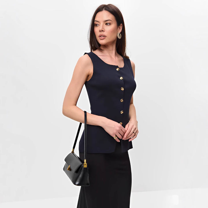 Grier – Top Peplum Senza Maniche con Bottoni