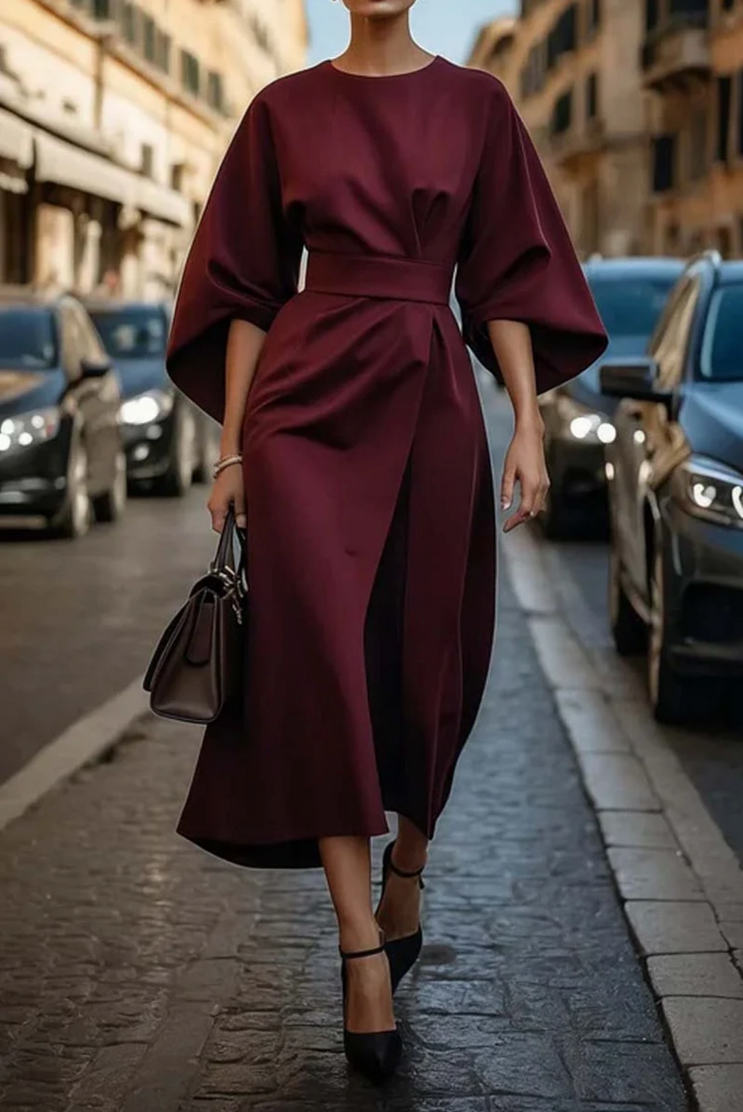 Sonia - Abito Elegante con Maniche a Lanterna e Cintura