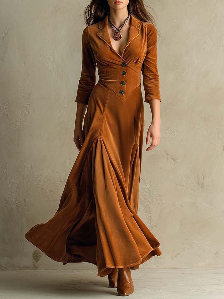 Abito Lungo Elegante in Velluto Marrone con Colletto Retrò