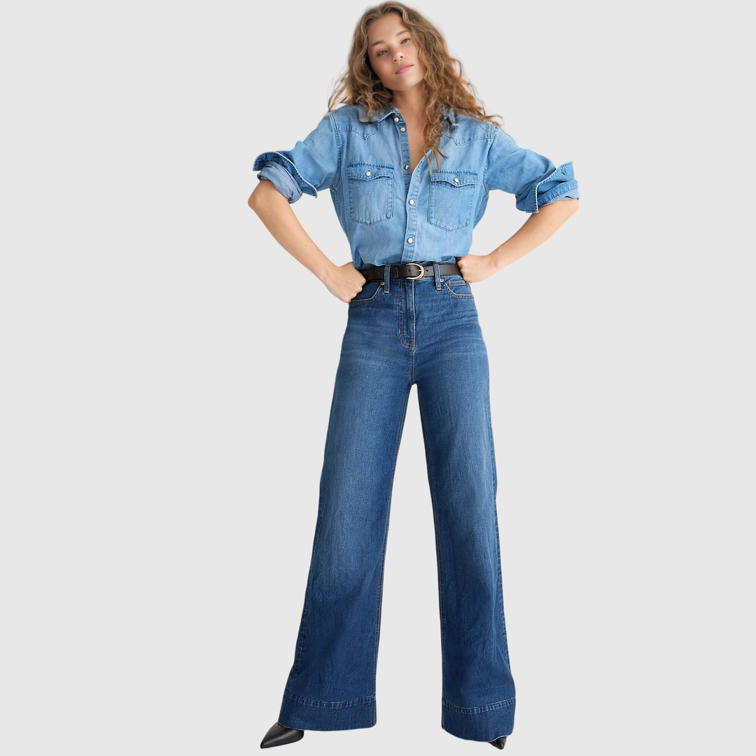 Pantaloni in denim a gamba larga e alta