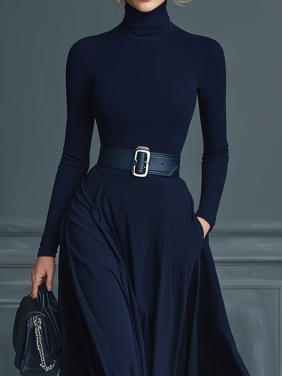 Eleonora - Abito a maglia blu scuro con collo alto