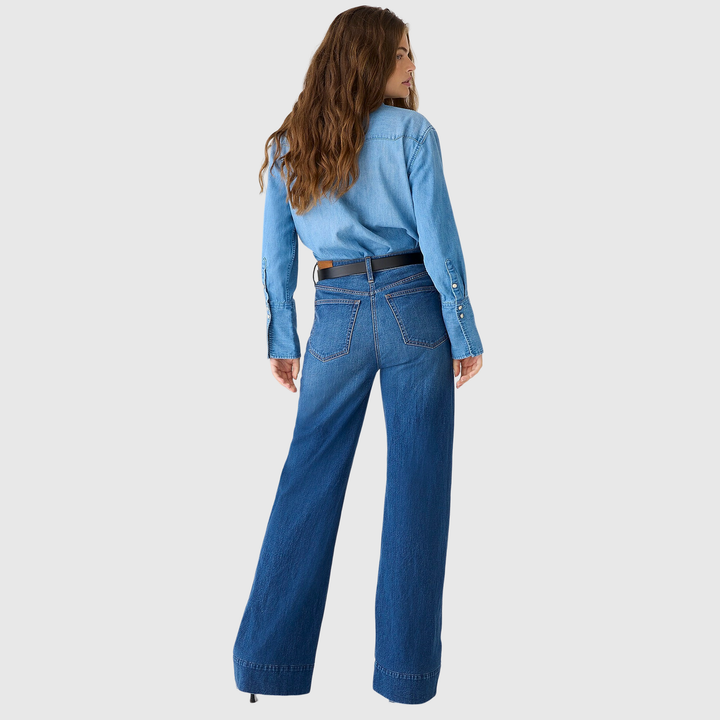 Pantaloni in denim a gamba larga e alta