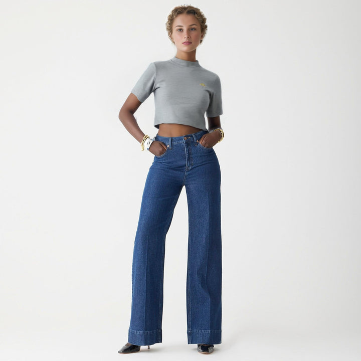 Pantaloni in denim a gamba larga e alta