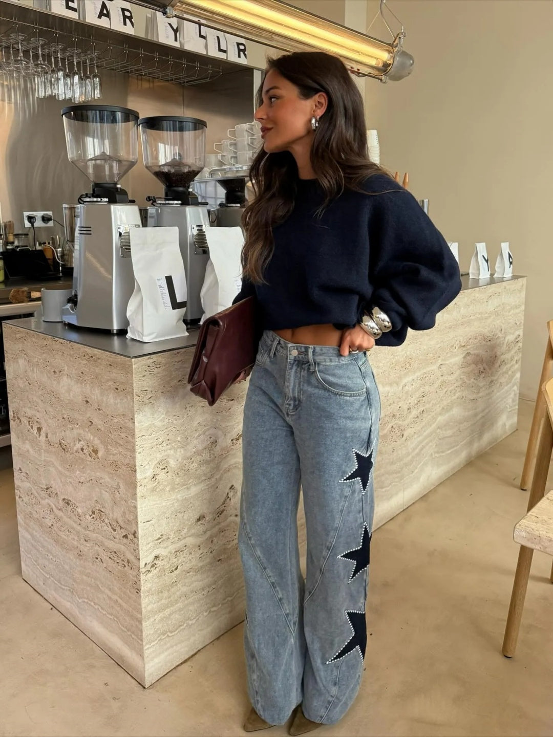 Jeans Dritti Stile Casual con Stelle