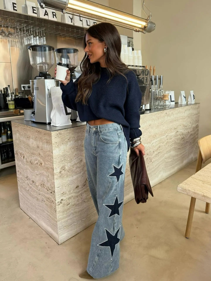 Jeans Dritti Stile Casual con Stelle