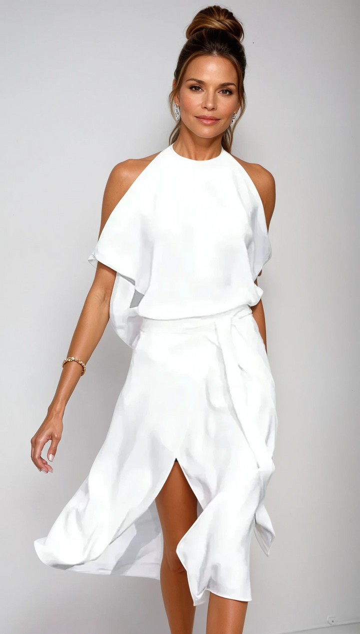 Celestine – Vestito Midi Spalle Scoperte con Orlo Asimmetrico