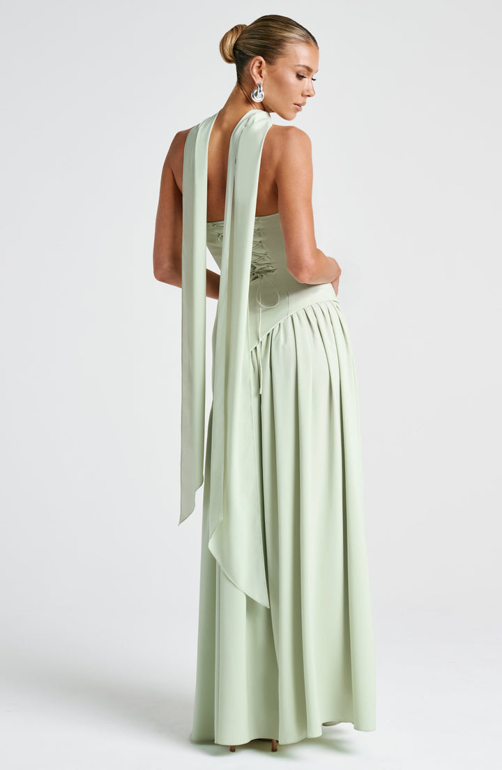 Vestito Maxi Senza Spalline per Donna con Apertura Alta e Vita Asimmetrica