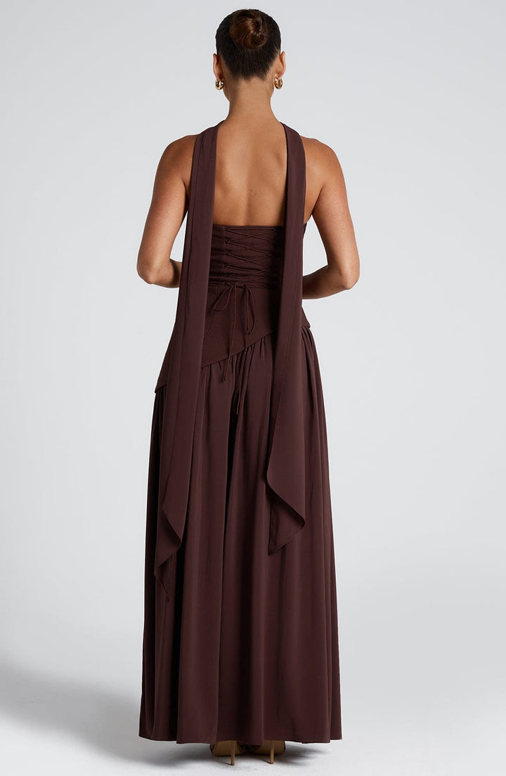 Vestito Maxi Senza Spalline per Donna con Apertura Alta e Vita Asimmetrica